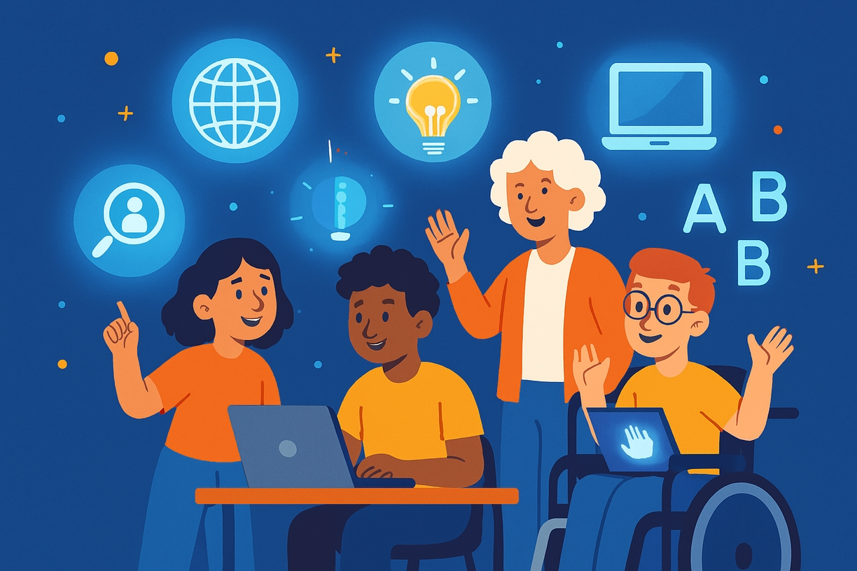 Illustration of diverse students learning with technology, symbolizing universal learning commitment.